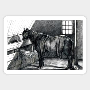 Jean Bernard's Standing Horse in a Stable Edited Black And White Sticker